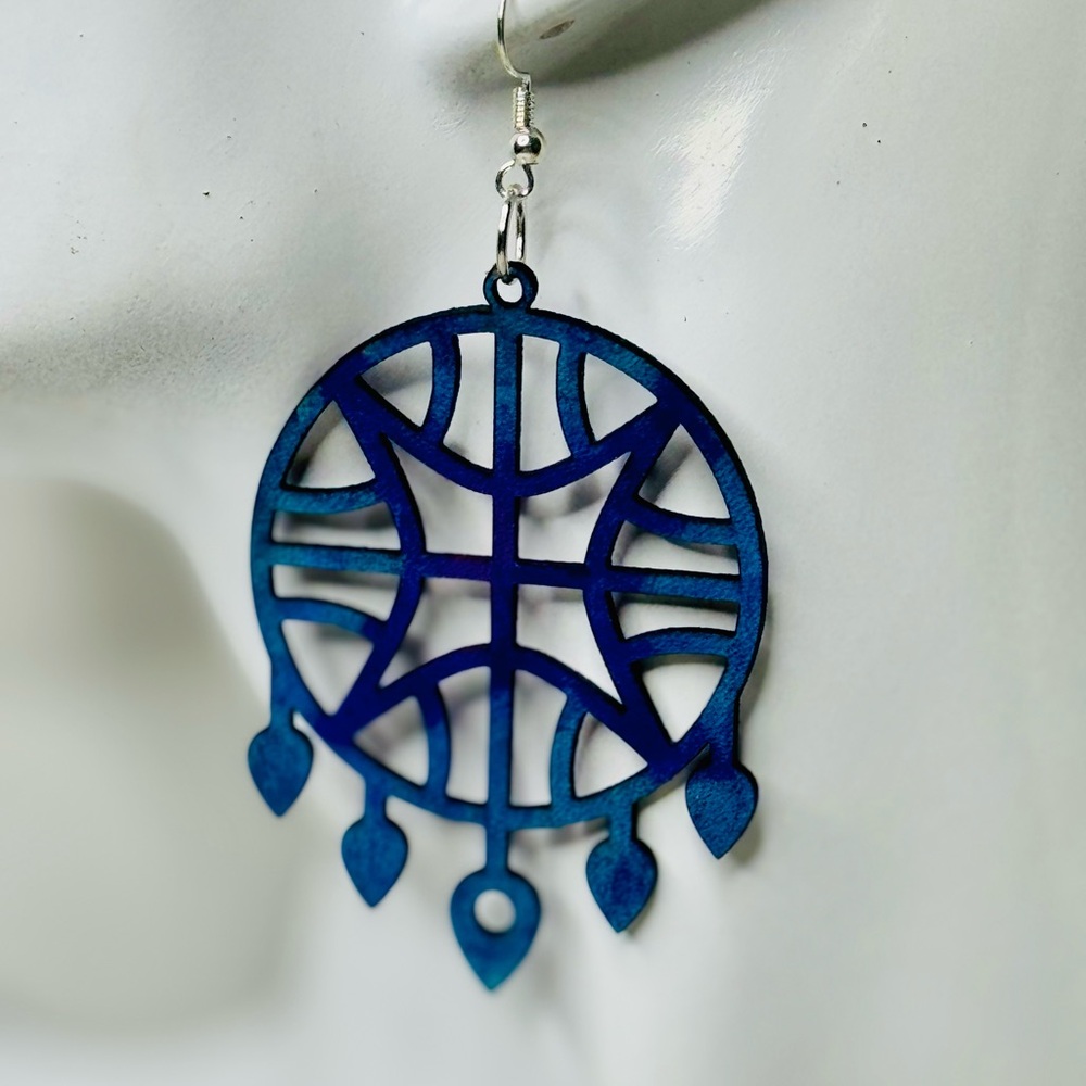 Hand dyed leather earrings large dream catcher purples and teals